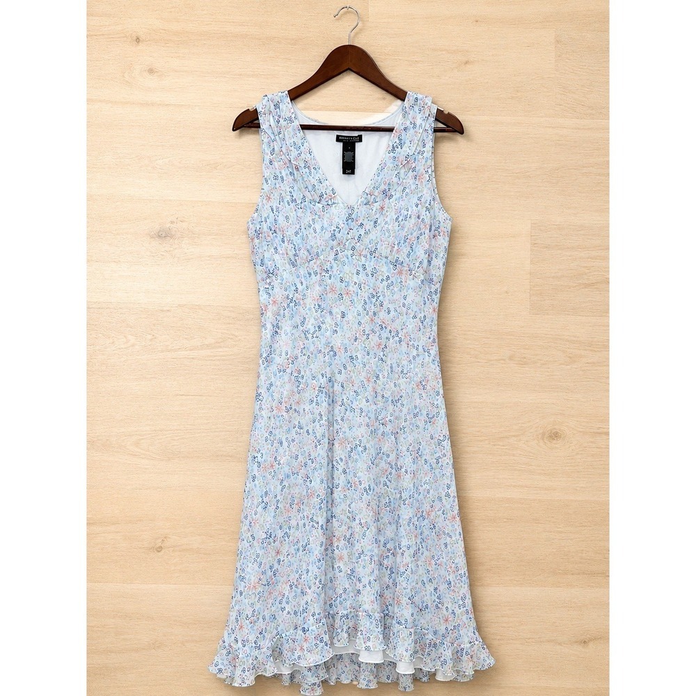 Kenneth Cole NY Blue Silk Floral Maxi Dress Women's Sz 12 Sleeveless Ruffle Hem - Picture 2 of 6